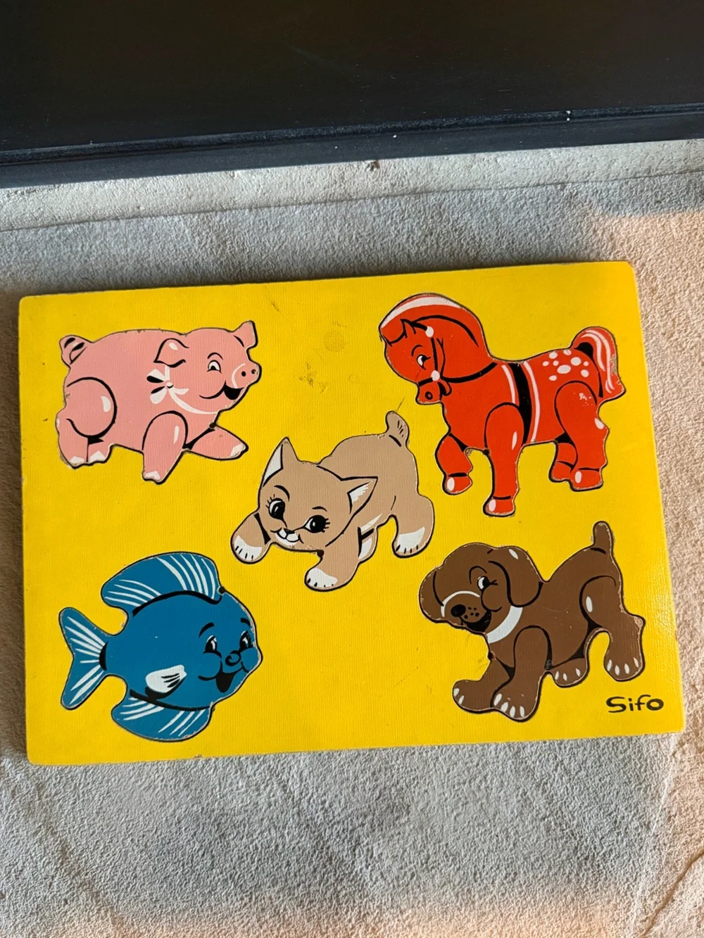 Vintage Mid Century Sifo Toys 5-Piece Wooden Inlay Tray Puzzle Animals Sea Life